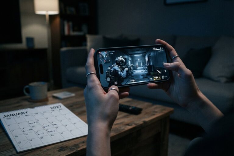 Mains tenant un smartphone qui affiche un jeu de tir tactique, un calendrier de janvier 2027 posé sur la table basse
