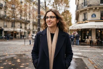 Jeune femme souriante portant des lunettes noires à monture épaisse dans une rue parisienne en automne
