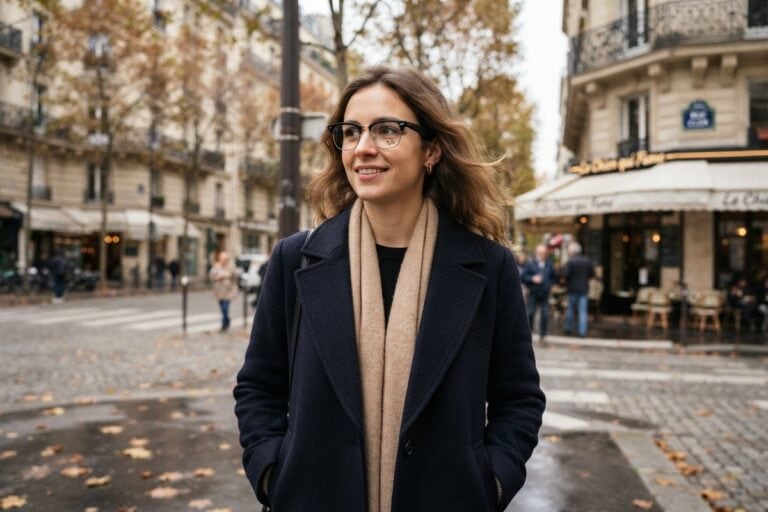 Jeune femme souriante portant des lunettes noires à monture épaisse dans une rue parisienne en automne