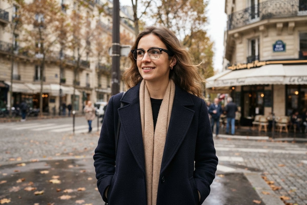 Jeune femme souriante portant des lunettes noires à monture épaisse dans une rue parisienne en automne