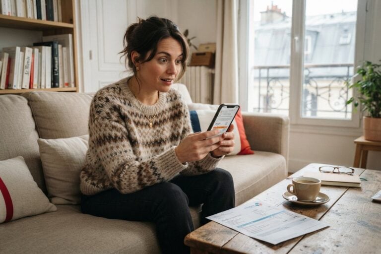 Une femme assise sur un canapé regarde son smartphone d'un air surpris, une facture posée sur la table basse.