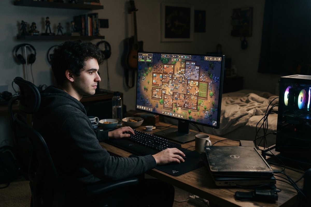 Un joueur devant un jeu de gestion de colonie vu de dessus, un vieil ordinateur portable posé à côté de son PC.