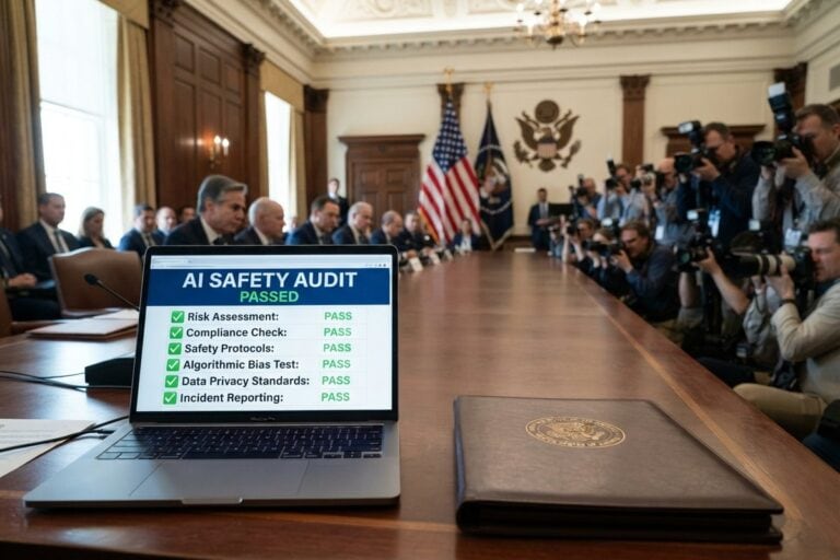 Ordinateur portable affichant un audit de sécurité IA validé sur une table de réunion officielle, face aux photographes