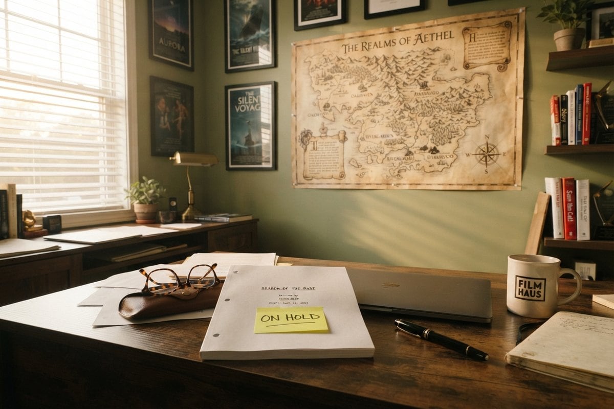 Un scénario intitulé Shadow of the Past porte un post-it jaune ON HOLD sur un bureau, une carte fantastique accrochée au mur