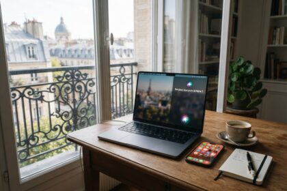MacBook ouvert affichant Siri en français à côté d'un iPhone, sur un bureau face à un balcon parisien