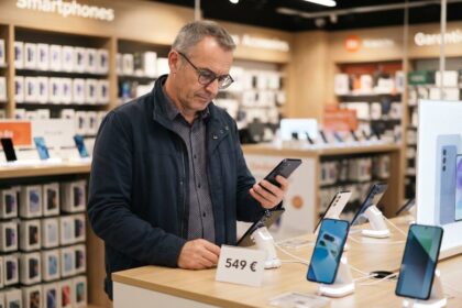 Homme à lunettes examinant un smartphone en magasin, une étiquette à 549 € posée sur la table