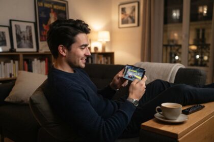 Homme souriant sur un canapé, regardant une course de Formule 1 de nuit sur son smartphone tenu à l'horizontale