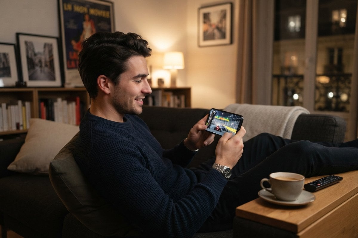 Homme souriant sur un canapé, regardant une course de Formule 1 de nuit sur son smartphone tenu à l'horizontale