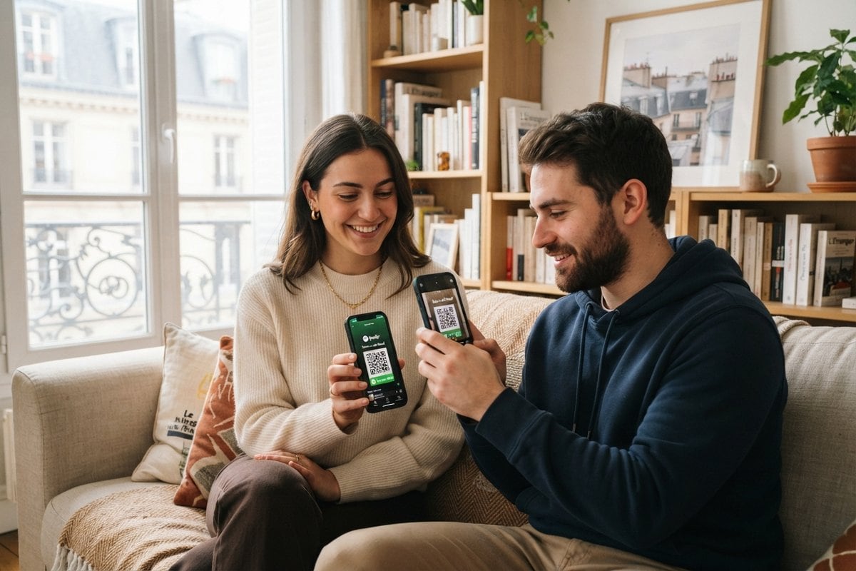 Deux jeunes adultes sur un canapé, l'un scanne avec son téléphone le QR code affiché sur l'écran de l'autre