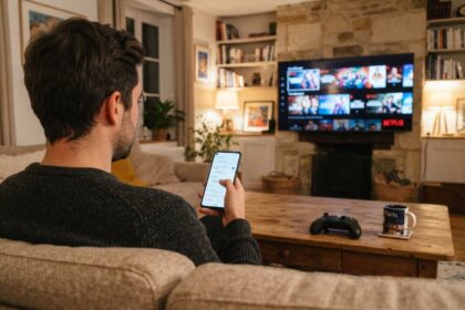 Homme de dos sur un canapé consultant son smartphone, manette Xbox sur la table basse et accueil Netflix à la télévision