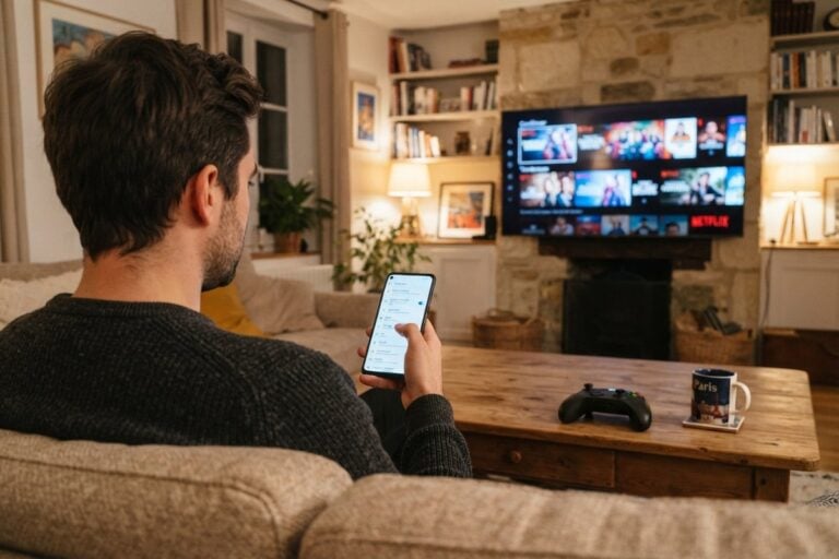 Homme de dos sur un canapé consultant son smartphone, manette Xbox sur la table basse et accueil Netflix à la télévision
