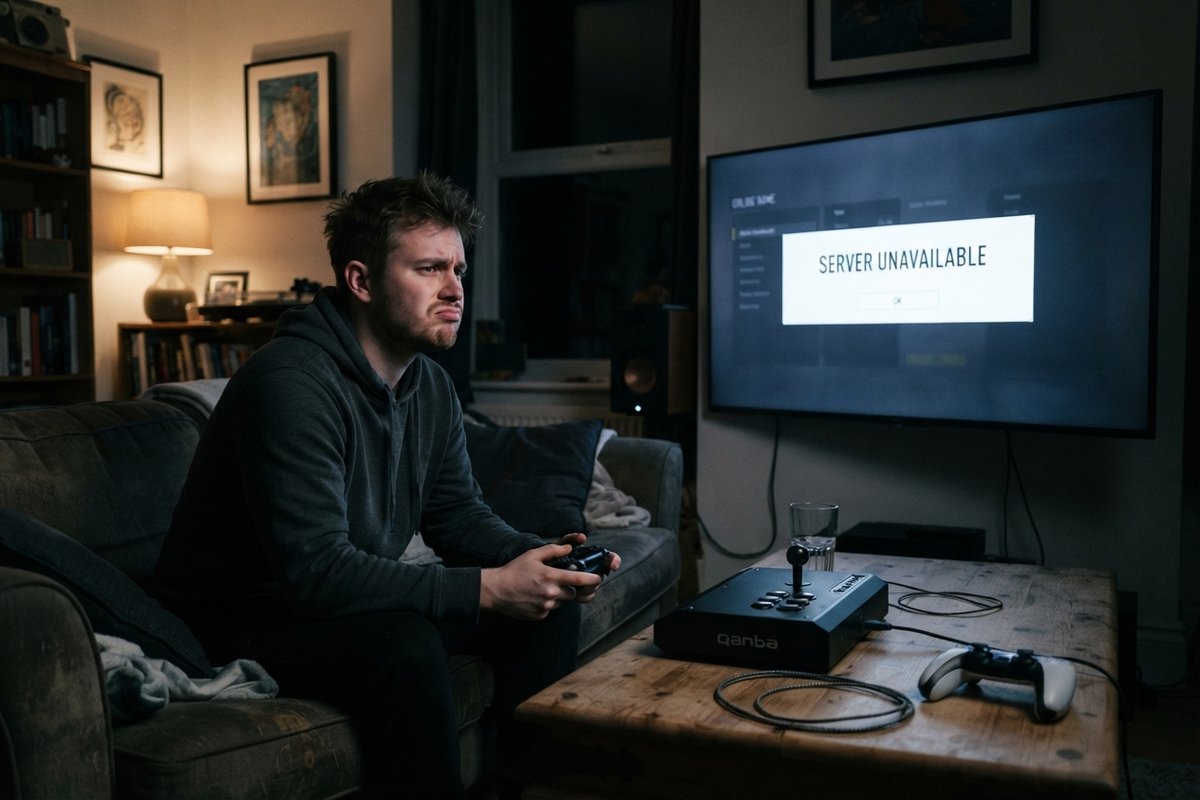 Joueur dépité sur son canapé, manette en main, devant une télévision affichant le message Server unavailable
