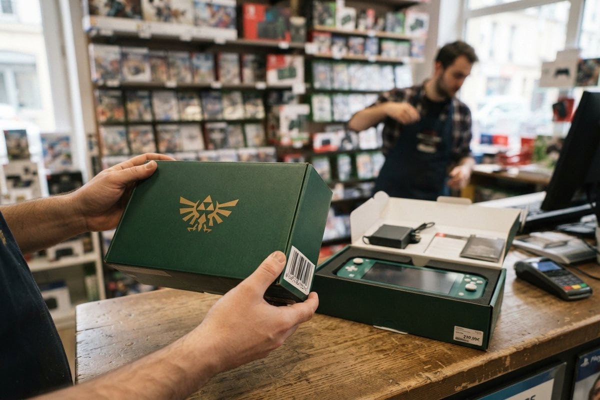 Des mains tiennent une boîte verte frappée du blason doré d'Hyrule au comptoir d'une boutique de jeux vidéo