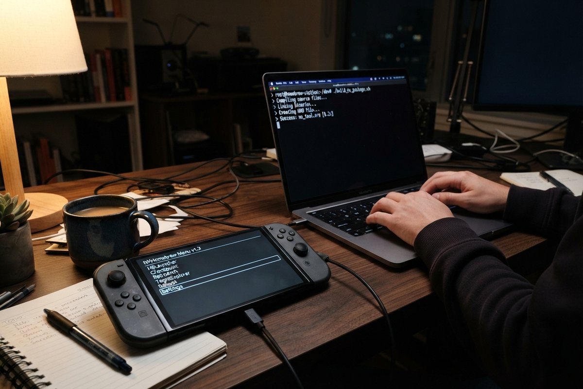 Une console Switch 2 reliée par câble à un ordinateur portable affichant un terminal, sur un bureau éclairé par une lampe