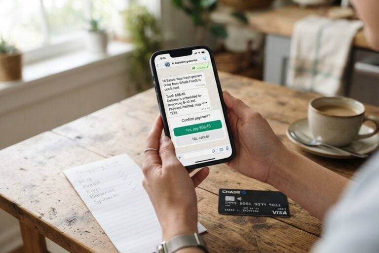 iPhone affichant une conversation où un assistant IA demande de confirmer un paiement, carte bancaire sur la table