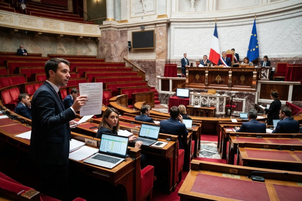 Un député debout dans l'hémicycle de l'Assemblée nationale brandit un document devant des collègues équipés d'ordinateurs