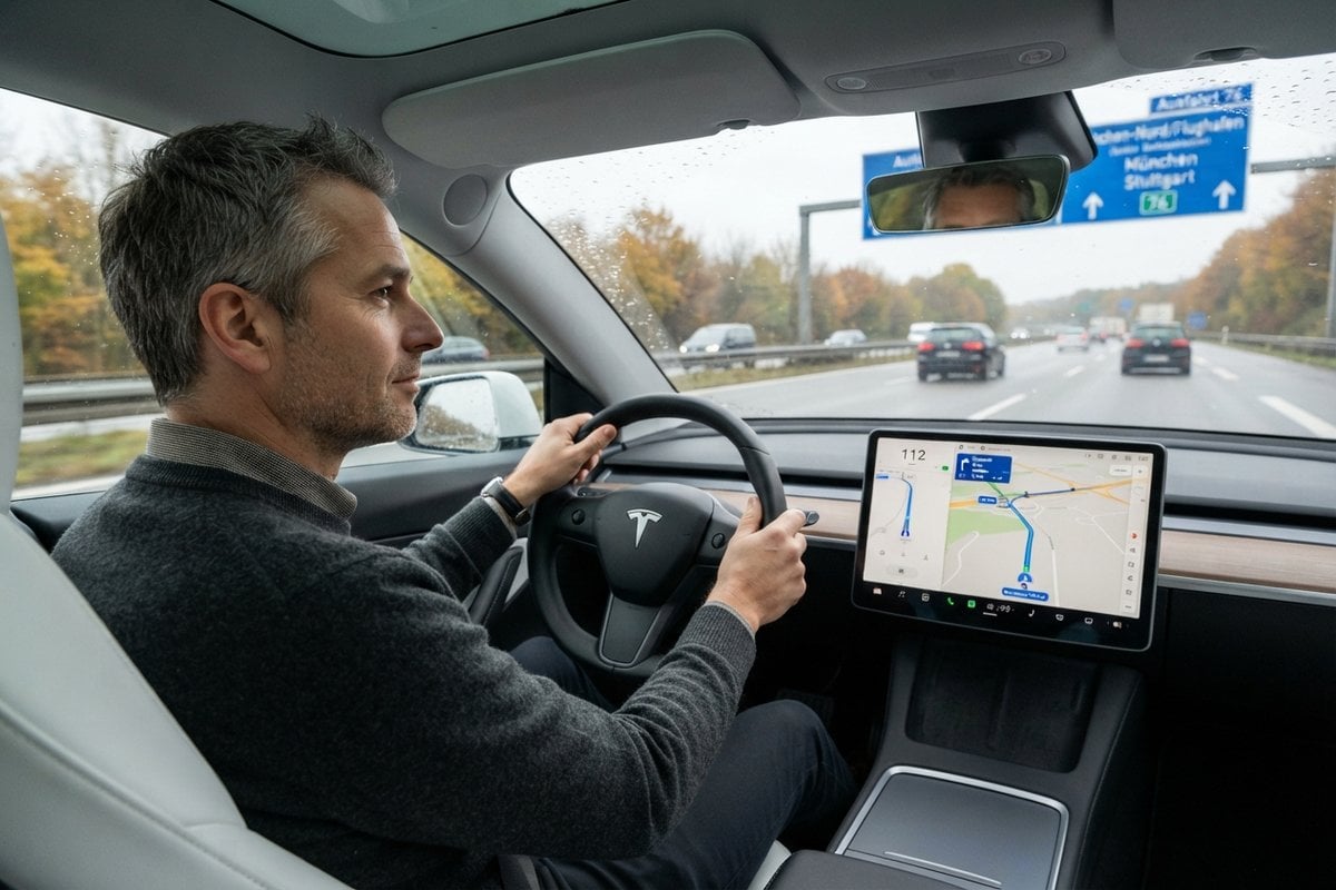 Conducteur d'une Tesla Model Y sur une autoroute allemande, mains sur le volant, écran central affichant la navigation