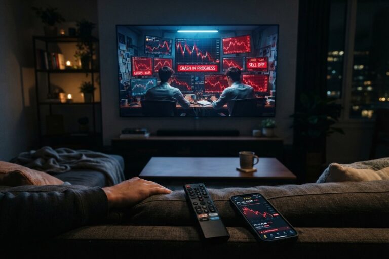 Téléviseur montrant une salle de trading où des écrans affichent des courbes rouges en chute, vu depuis un canapé