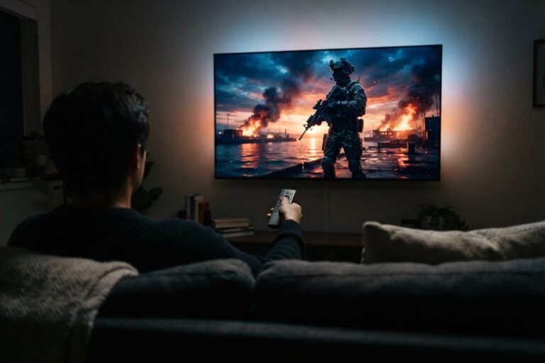 Un spectateur, télécommande en main, regarde une scène de soldat devant un port en flammes sur un grand téléviseur