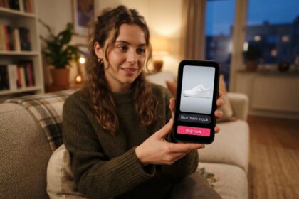 Jeune femme sur un canapé montrant un smartphone affichant une basket blanche et un bouton d'achat rose