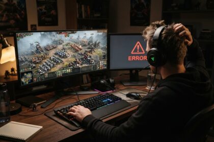 Un joueur se gratte la tête devant un jeu de stratégie fantastique, un second écran affichant un message ERROR en rouge