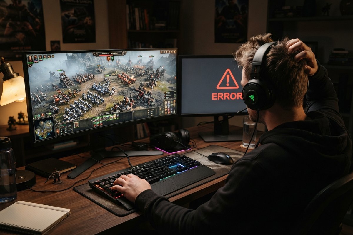 Un joueur se gratte la tête devant un jeu de stratégie fantastique, un second écran affichant un message ERROR en rouge