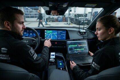 Deux techniciens dans l'habitacle d'un SUV électrique analysent un trafic réseau sur un ordinateur relié à un routeur