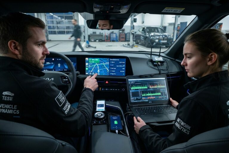 Deux techniciens dans l'habitacle d'un SUV électrique analysent un trafic réseau sur un ordinateur relié à un routeur