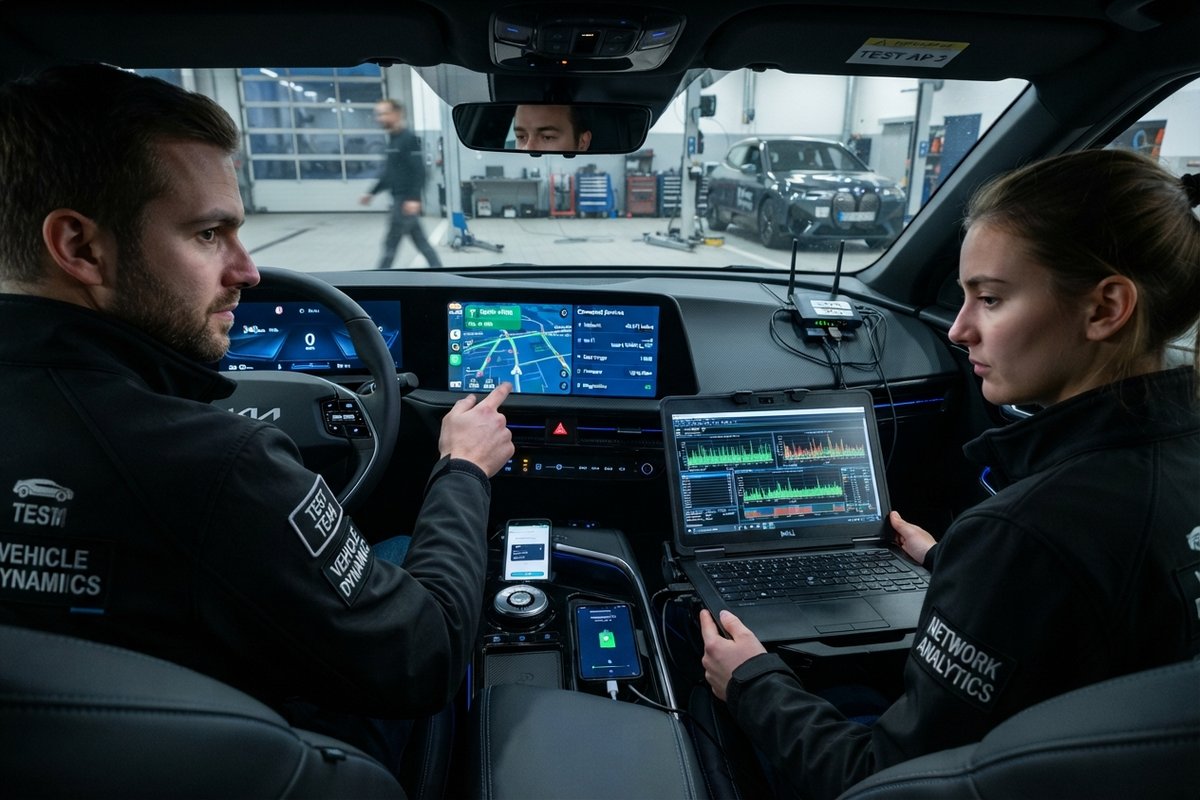 Deux techniciens dans l'habitacle d'un SUV électrique analysent un trafic réseau sur un ordinateur relié à un routeur