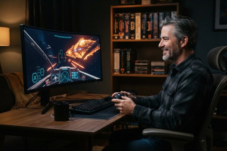 Joueur souriant, manette en main, devant un écran incurvé affichant un combat spatial, étagère de vieux jeux PC en boîte