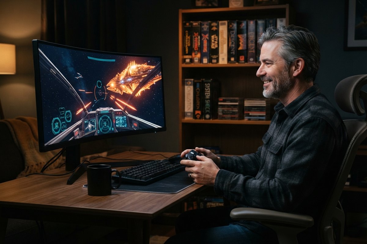 Joueur souriant, manette en main, devant un écran incurvé affichant un combat spatial, étagère de vieux jeux PC en boîte