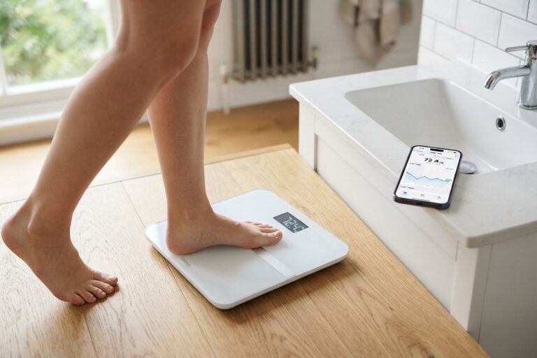 Pieds nus posés sur une balance connectée blanche, un iPhone affichant une courbe de poids sur le bord du lavabo