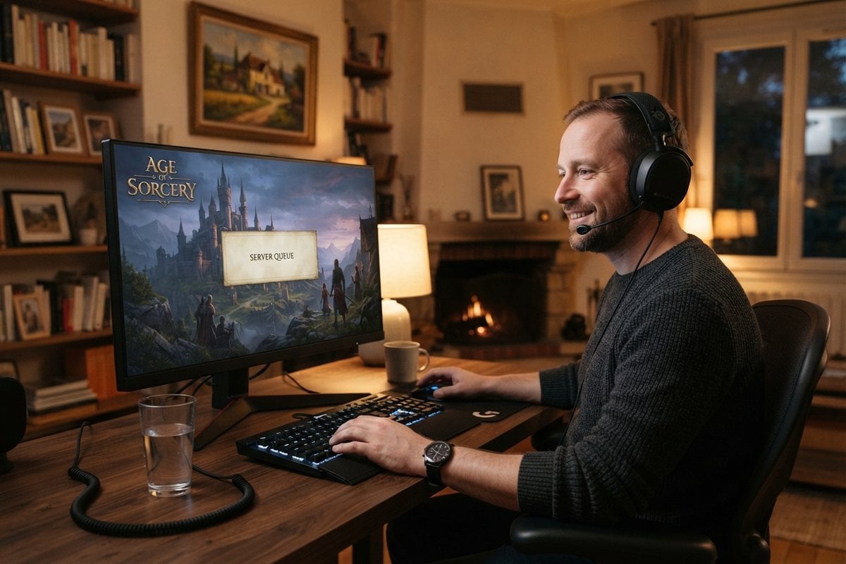 Un joueur souriant avec un casque devant un écran de jeu de fantasy affichant une file d'attente serveur