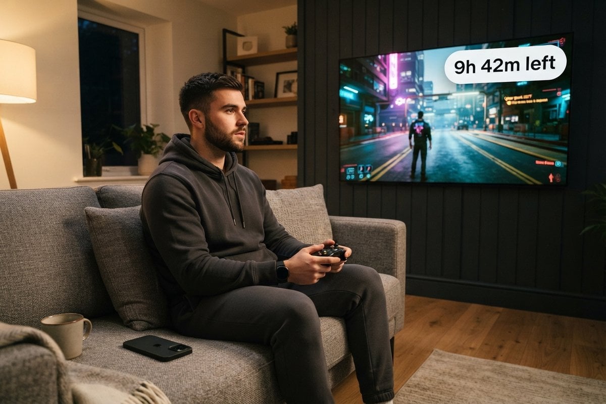 Jeune homme sur un canapé jouant à la manette devant un téléviseur affichant un compteur de 9 h 42 restantes