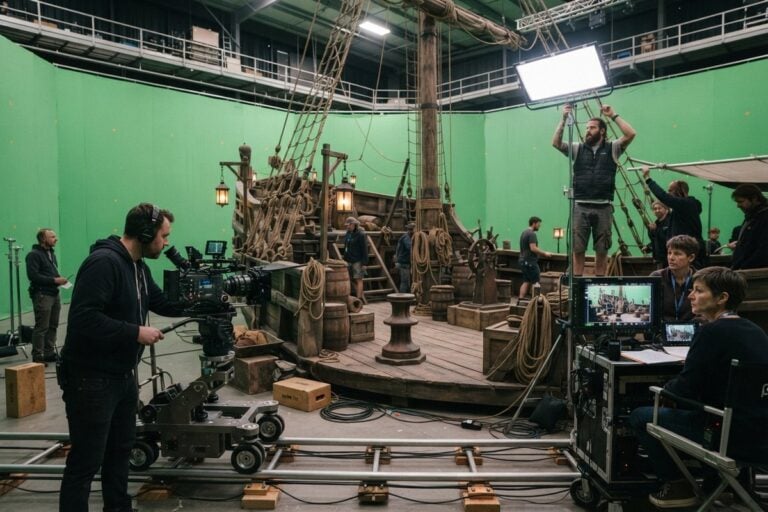 Plateau de tournage avec un pont de bateau pirate en bois devant un fond vert, caméra sur travelling et équipe technique