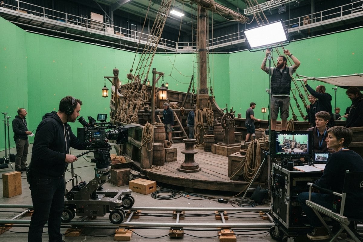 Plateau de tournage avec un pont de bateau pirate en bois devant un fond vert, caméra sur travelling et équipe technique