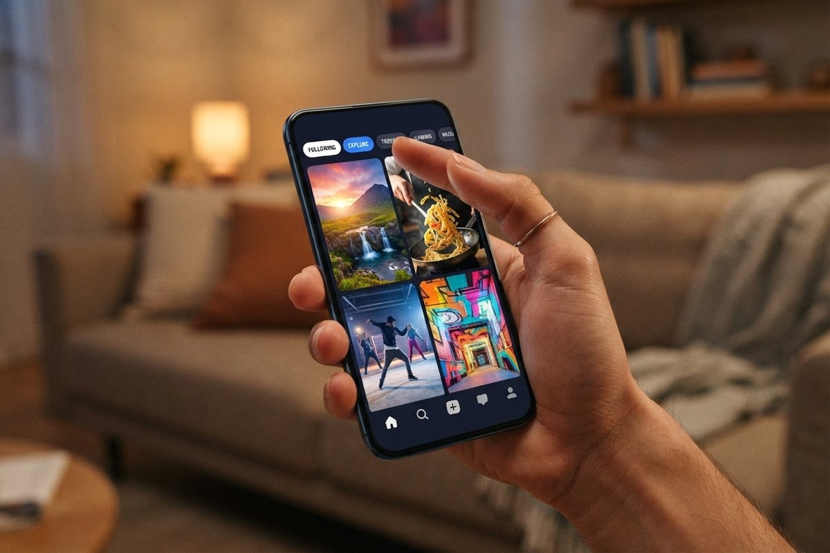 Main tenant un smartphone affichant une application vidéo avec des vignettes colorées et des onglets en haut de l'écran