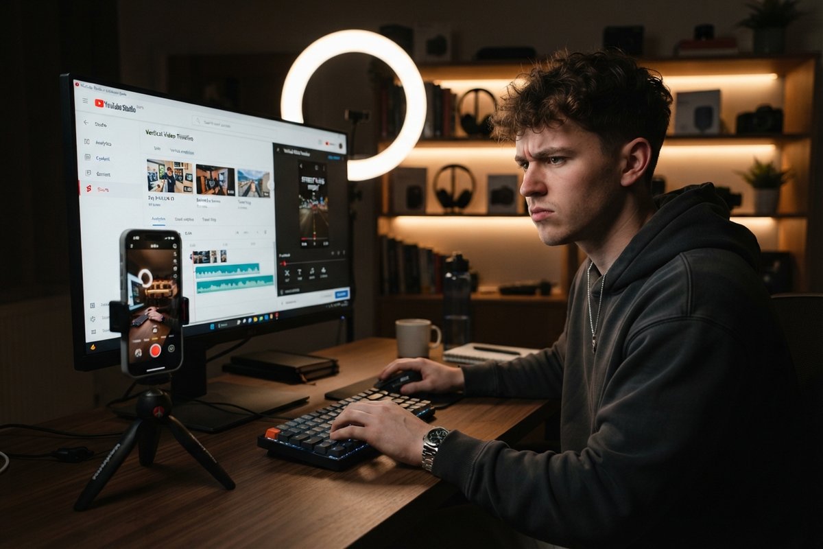 Un jeune créateur monte une vidéo verticale dans YouTube Studio, un smartphone sur trépied et un anneau lumineux derrière lui